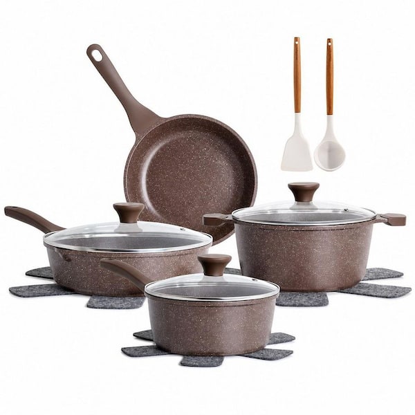 13-Piece Nonstick Ceramic Cookware Set in Brown, Non-Toxic Pots and Pans Set with Stay-Cool Handles, Silicone Tools