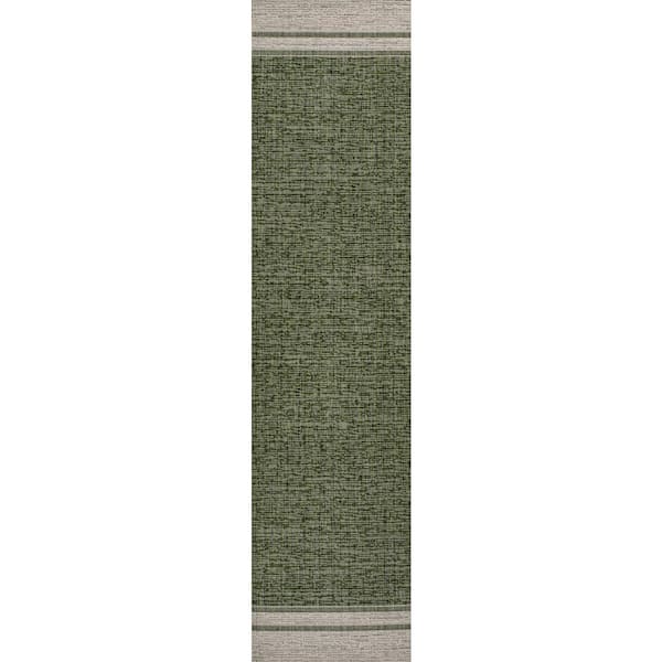 Alda Green/Cream 2 ft. x 8 ft. Modern Minimalist Mingled Solid Indoor/Outdoor Runner Rug