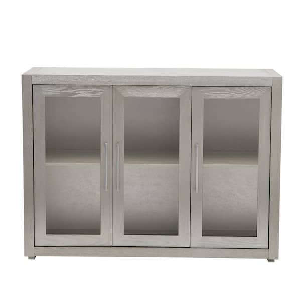 Unbranded 48.00 in. W x 15.70 in. D x 35.40 in. H Beige Storage Linen Cabinet with 3 Tempered Glass Doors and Adjustable Shelf