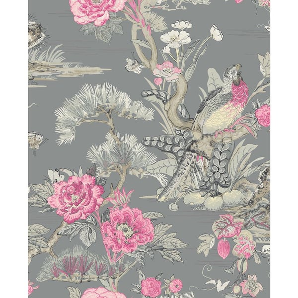 Seabrook Designs 56 sq. ft. Bubblegum & Metallic Steel Linden Bird Floral Paper Unpasted Wallpaper Roll