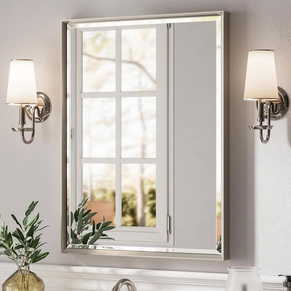 24 in. W x 32 in. H Aluminum Beveled Edge Rectangular Framed Bathroom Vanity Wall Mount Mirror in Brushed Nickel