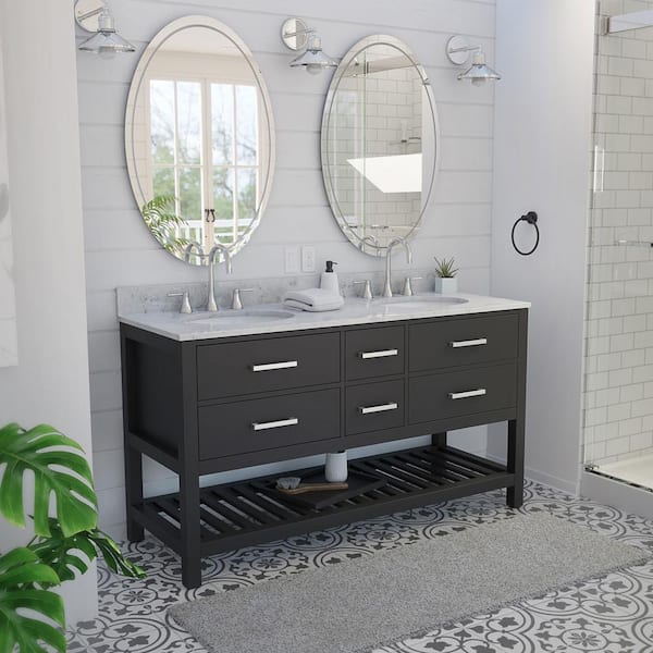 DreamLine Valencia 60 in. W x 22 in. D x 34 in . H Birch and Oak Console Vanity with Oval Undermount Sinks - Black with White Top