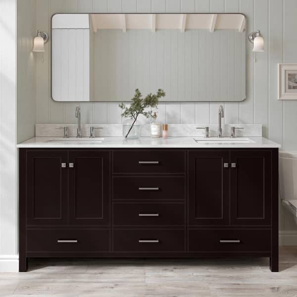 ARIEL Cambridge 72 in. Double Sink Freestanding Bathroom Vanity in Espresso with Carrara White Marble Top