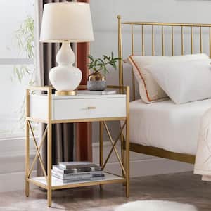 Claudette 24 in. W x 30 in. H White and Satin Gold Wood and Metal Nightstand with AC/USB Outlets and 1-Drawer and Shelf
