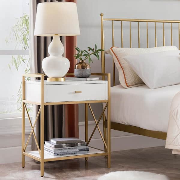 Leick Home Claudette 24 in. W x 30 in. H White and Satin Gold Wood and Metal Nightstand with AC/USB Outlets and 1-Drawer and Shelf