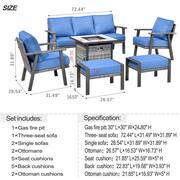 Walden Grey 6-Piece Wicker Steel Outdoor Patio Conversation Sofa Set with a Fire Pit and Sky Blue Cushions