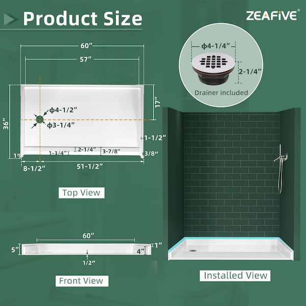 Zeafive 60 in. L x 36 in. W Alcove Acrylic ADA Shower Pan Base