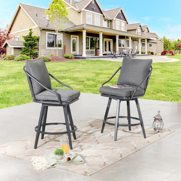 Patio Festival Wicker Outdoor Bar Stools with Grey Cushions (2-Pack)