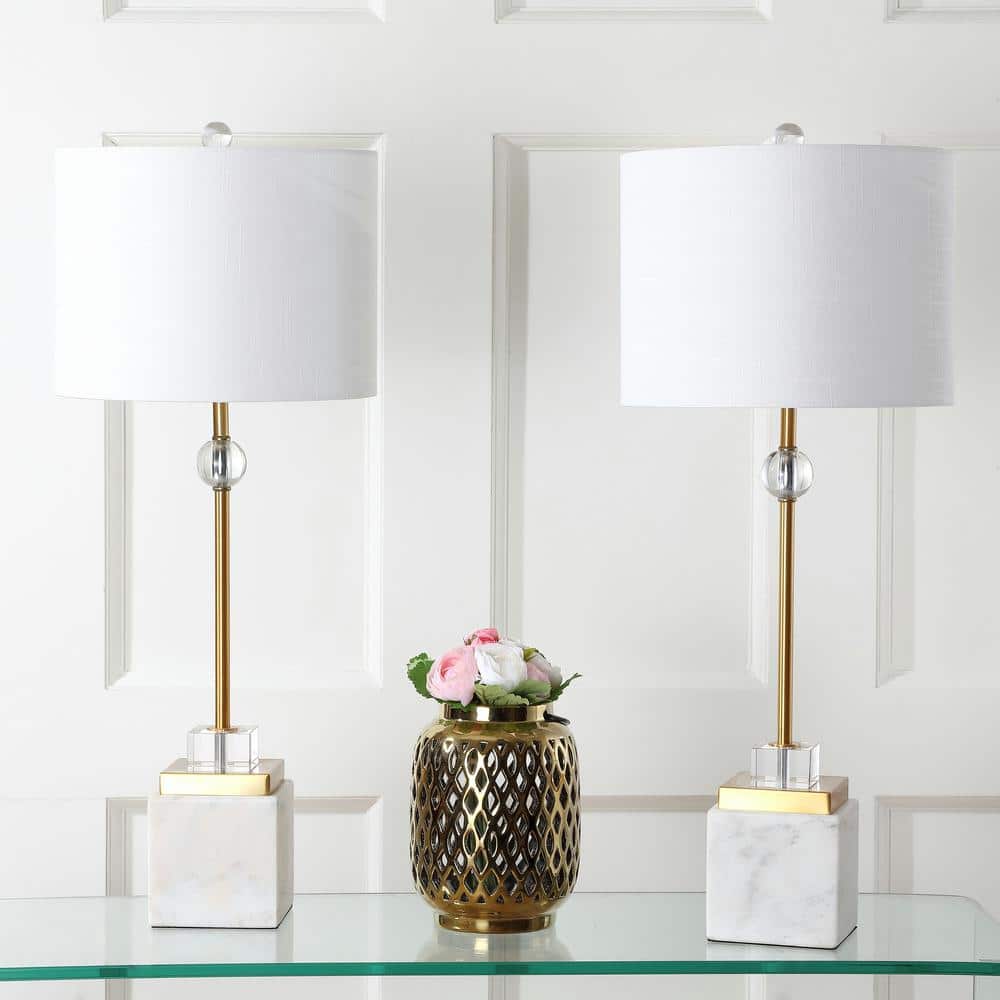 Dawson 30" White Marble and Brass LED Table Lamp Set