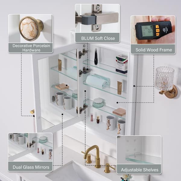FORCLOVER 24 in. W x 32 in. H Rectangular Recessed Solid Wood Medicine Cabinet with Mirror, Left Hinge