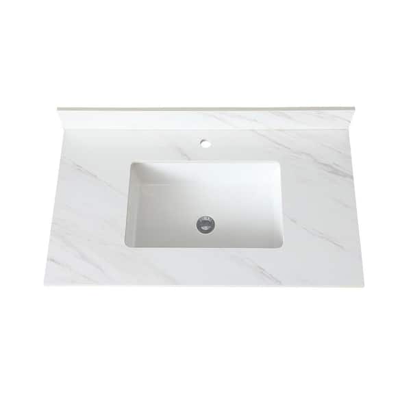 37.01 in. W x 22.01 in. D Sintered Stone White Rectangular Single Sink Bathroom Vanity Top in White