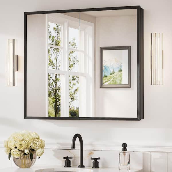 36 in. W x 32 in. H Rectangular Aluminum Medicine Cabinet with Mirror in Black