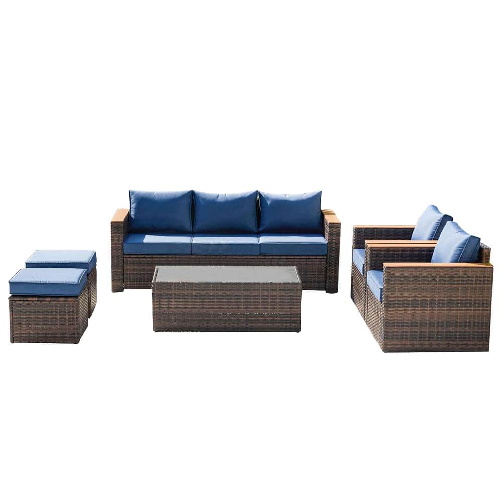 6-Piece All-Weather Brown PE Rattan Wicker Outdoor Patio Sectional Sofa Set
