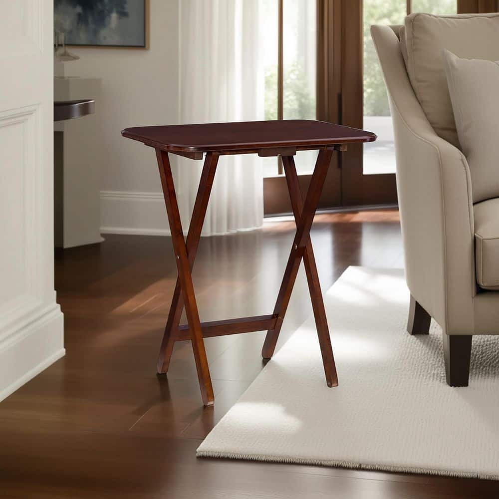 Hampden 5-Piece Folding Tray Table 15.72 in. Cherry Rectangle Wood End Table with Stand - thumbnail 5