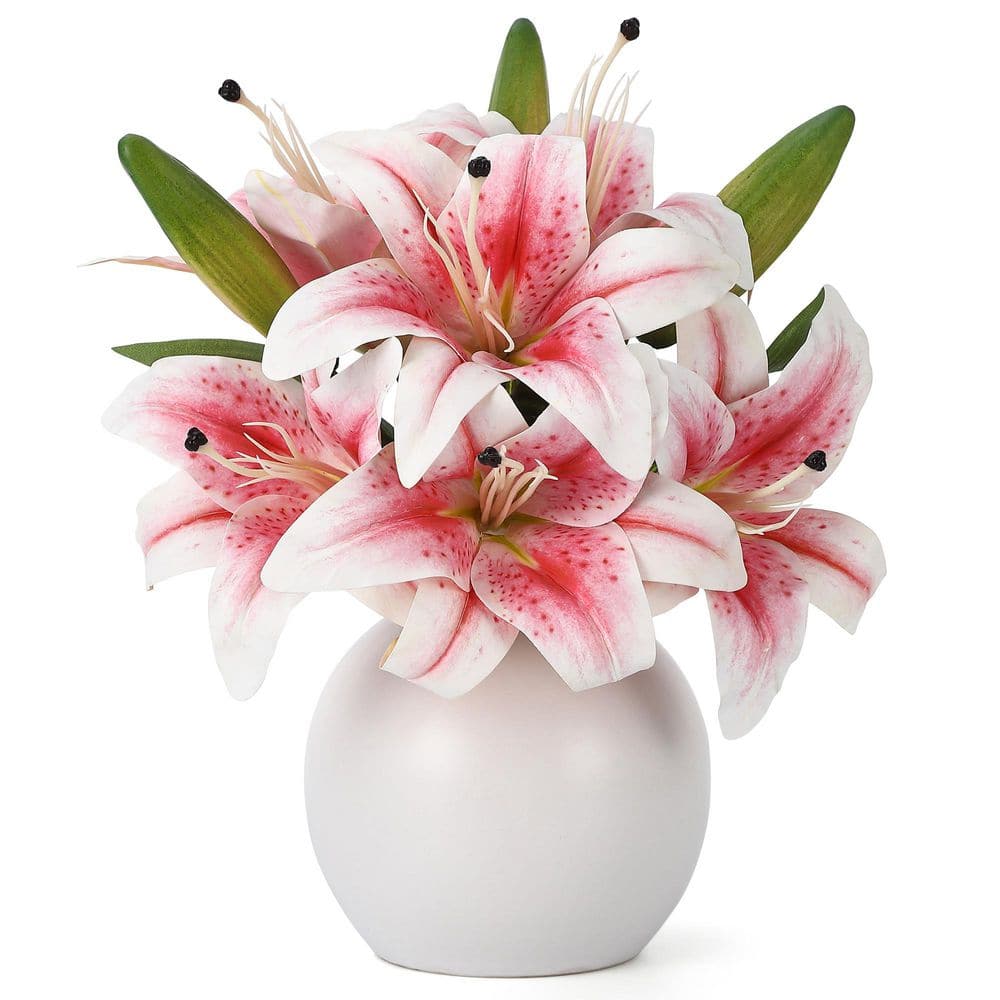13.7 in. Pink Real Touch Artificial Lily Bouquet, Indoor Decor