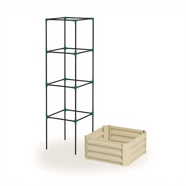 Cream Metal Outdoor Planter Box with Trellis Tomato Cage and Open Bottom
