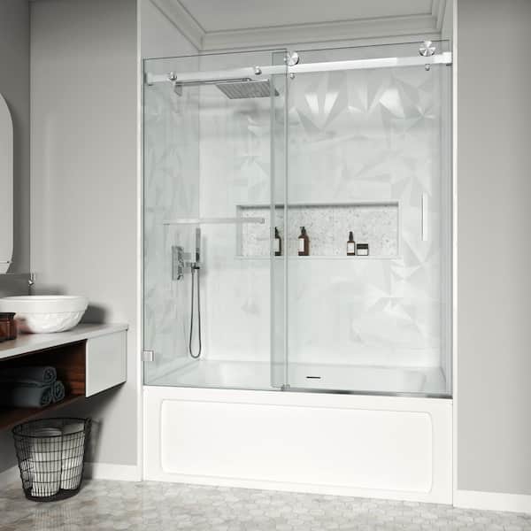 56-60.5 in. W x 66 in. H Single Sliding Frameless Tub Door in Brushed Nickel with 3/8 in. Clear Tempered Glass