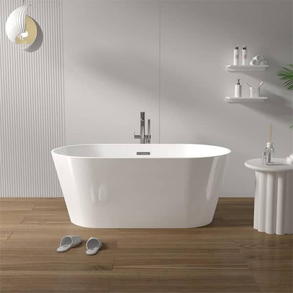 Abruzzo 63 in. x 31.1 in. Acrylic Freestanding Contemporary Soaking Bathtub with Overflow and Drain in Gloss White