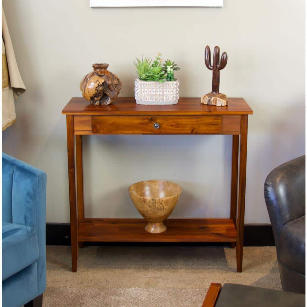 Mahogany Acacia Wood Console Table with Drawer and Shelf