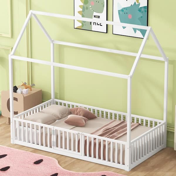 Harper & Bright Designs White Metal Frame Twin Size House Platform Bed, Floor Bed with Full-Length Fence Guardrails and Door