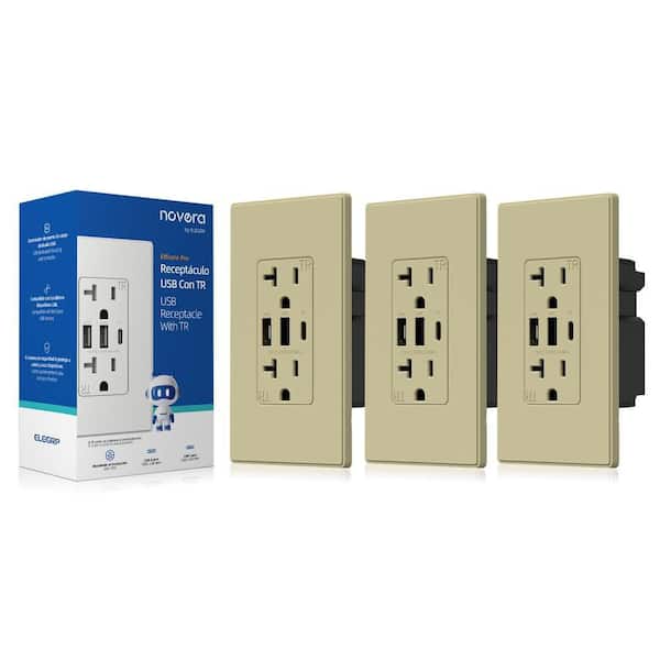 30W 6.0 Amp 3-Port USB Wall Outlet 20A Duplex Receptacle with Dual USB Ports w/ Srewless Wall Plate, Matte Ivory 3-Piece