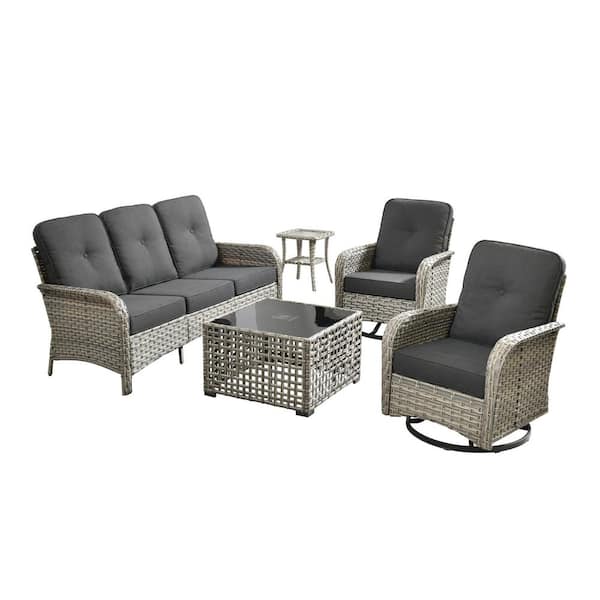 Beverly Gray 5-Piece Wicker Outdoor Patio Conversation Sofa Set with Swivel Rocking Chairs and Black Cushions