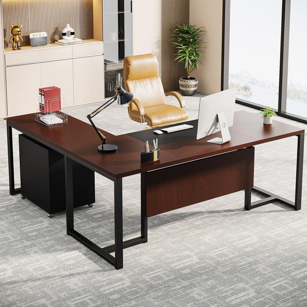 BYBLIGHT Capen 70.8 in. L Shaped Dark Walnut Wood Executive Desk with ...