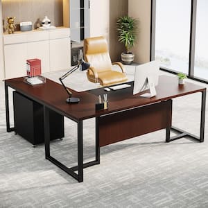 Capen 70.8 in. L Shaped Dark Walnut Wood Executive Desk with File Cabinet Business Computer Desk for Home Office