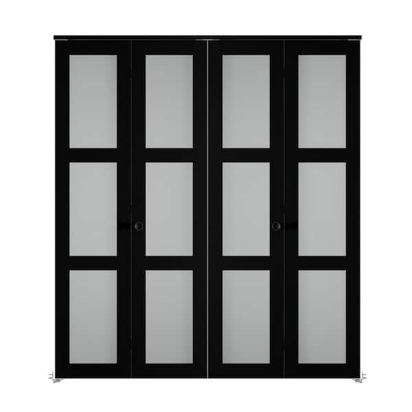 48 in. x 78 in. (Double 24 in.) 3-Lite Frosted Glass Solid Core Black Finished MDF Closet Bi-Fold Door with Hardware Kit