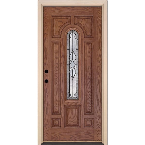 Feather River Doors 37.5 in. x 81.625 in. Stellar Patina Center Arch Stained Medium Oak Wood Right-Hand Fiberglass Prehung Front Door