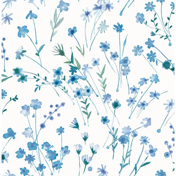 Advantage Heidi Blue Watercolor Florals Matte Non-Pasted Non-Woven Wallpaper Sample