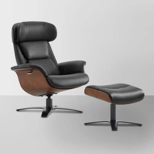 Theo Genuine Leather Recliner Swivel Chair with Ottoman and Adjustable Headrest for Living Room in Black