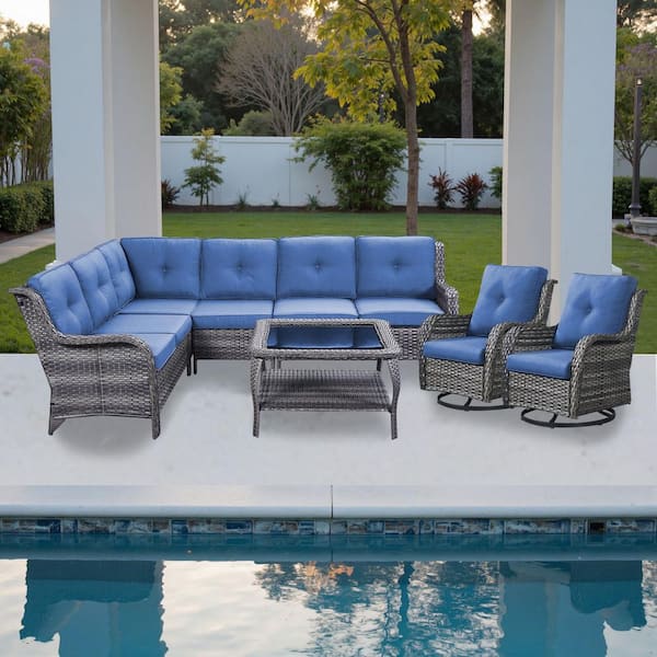 Pocassy 5-Piece Curved Armrest Rattan Wicker Patio Conversation Outdoor Corner Sofa Seating Set with Cushions (Gray/Blue)