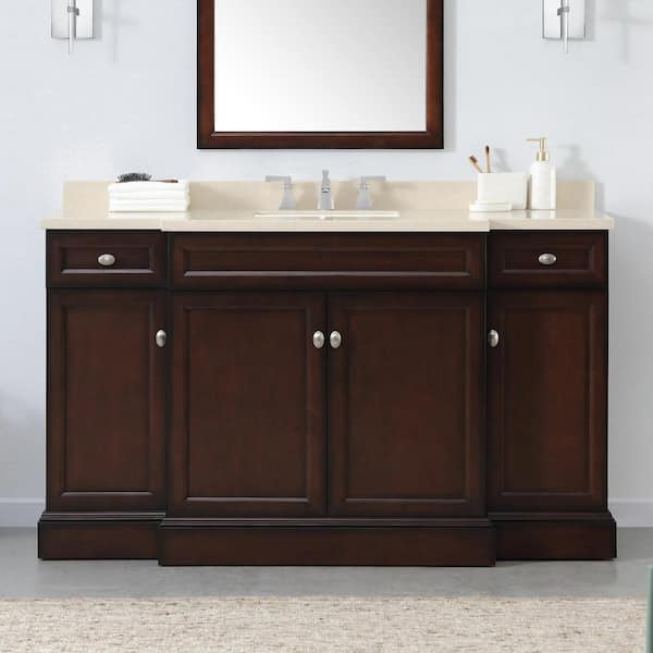 Home Decorators Collection Teagen 58 in. W x 22 in. D x 34 in. H Single Sink Bath Vanity in Dark Espresso with Beige Engineered Stone Top