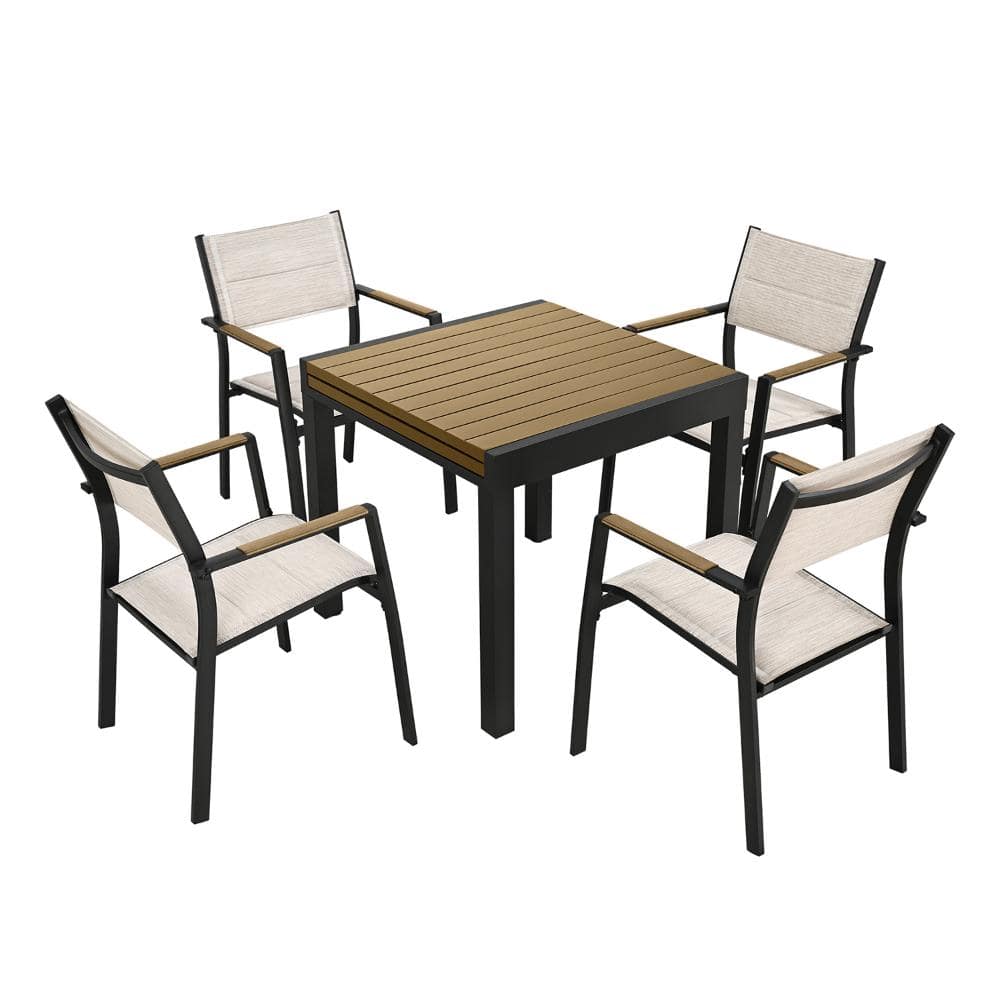 5 PC Outdoor Dining Set Aluminum Extendable Square/Rectangle Table and 4 Stackable Patio Dining Chairs, Teak