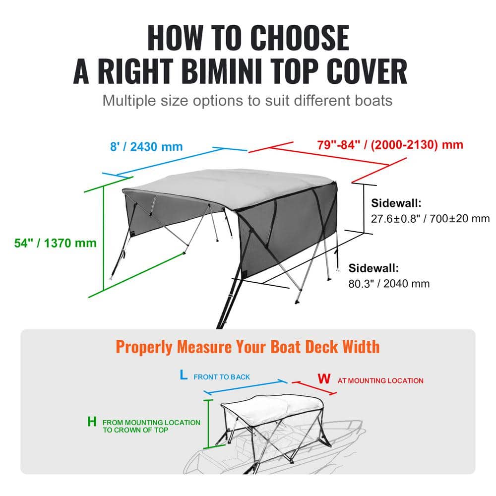 Light Grey 4 Bow Bimini Top Boat Cover with Mesh Sidewalls