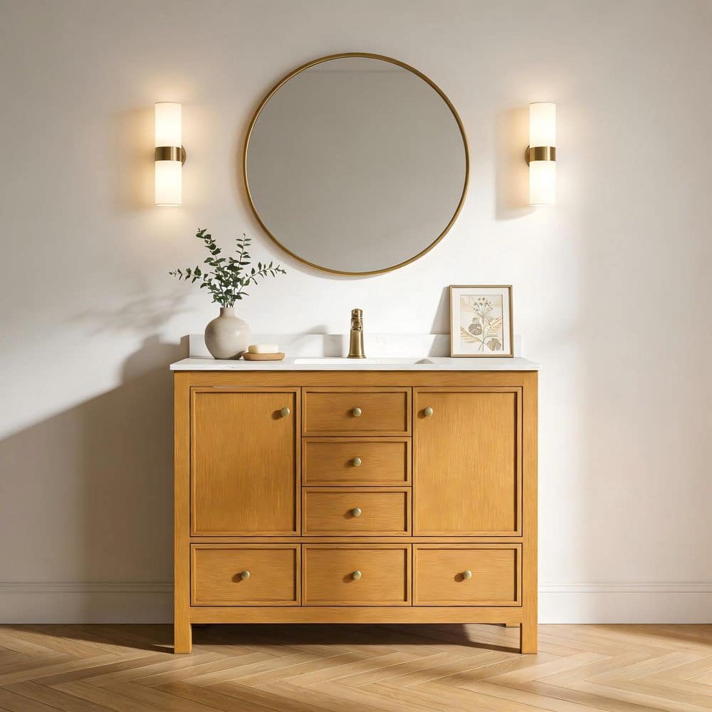 48 in. Freestanding Solid Wood Brown Bath Vanity with White Quartz Stone Top Assembled, Soft-Close, with Backsplash price history on PriceWatchPro