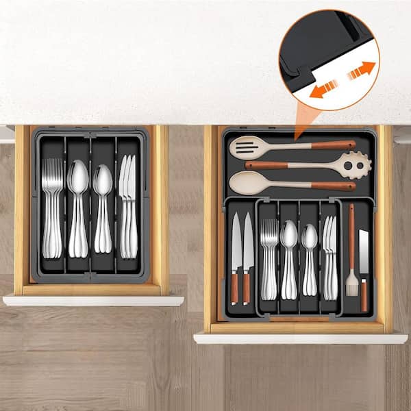 Expandable Silverware Utensil Drawer Organizer Adjustable Flatware Cutlery Tray for Spoons Forks Knives Storage Black