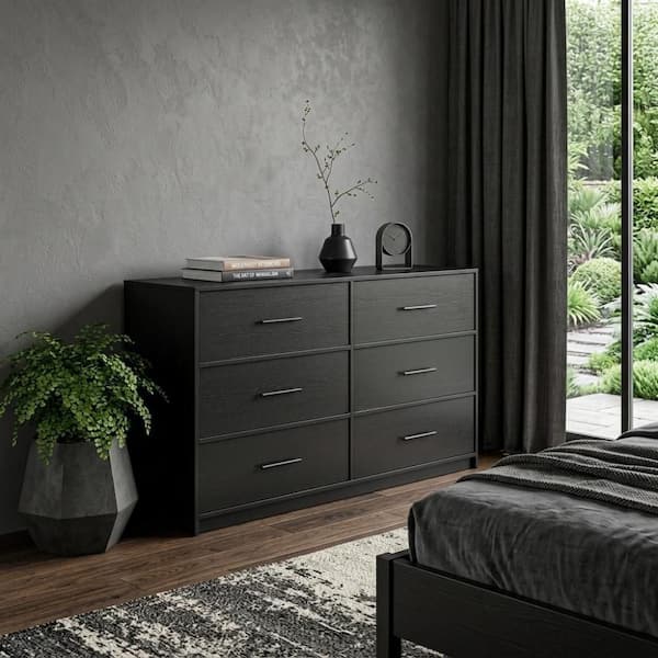 45 in. Black Fabric Wood and Steel 6-Drawer Double Dresser