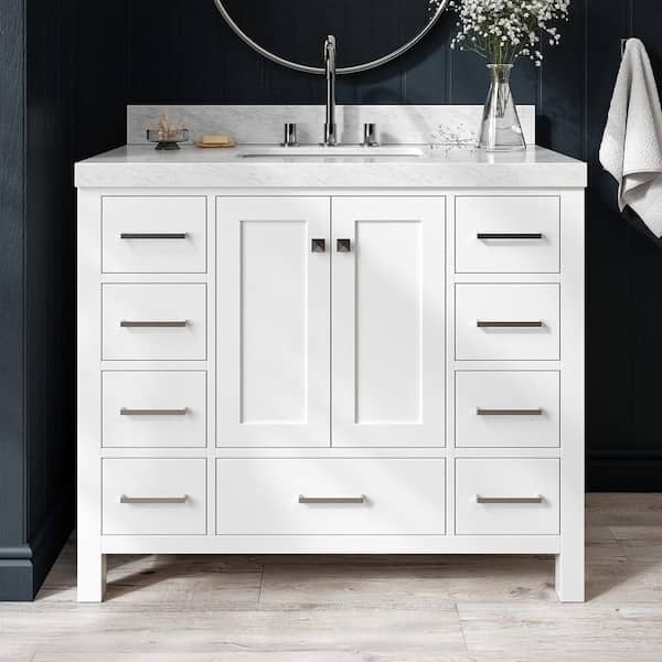 Cambridge 42 in. W x 22 in. D x 36.5 in. H Single Sink Freestanding Bath Vanity in White with Carrara Marble Top