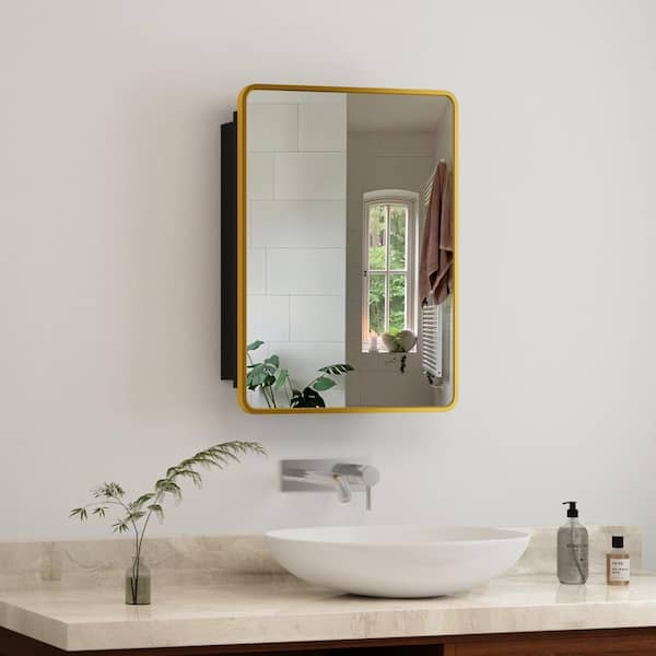 FAMYYT 20 in. W x 28 in. H Gold Rectangular Metal Framed Recessed/Surface Mount Medicine Cabinet with Mirror