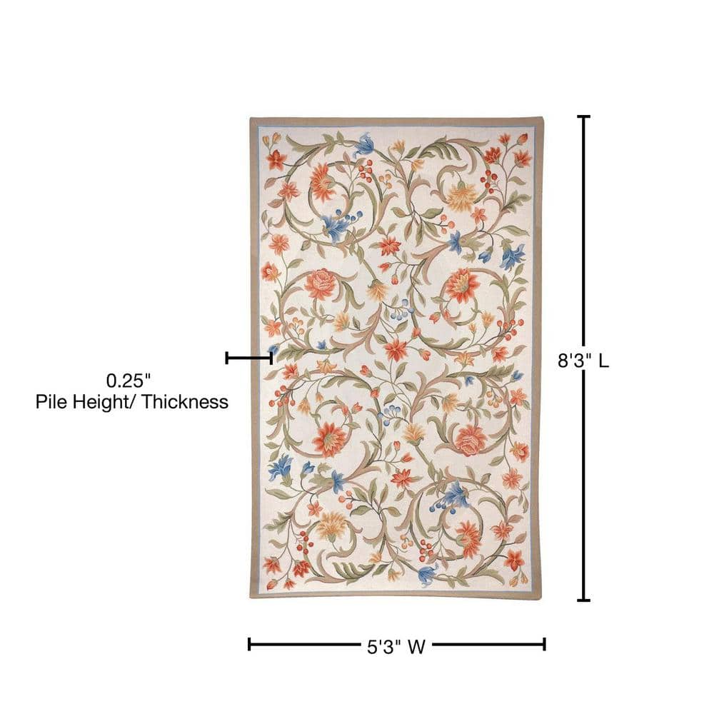 Ivory Floral Hand-Hooked Wool Area Rug, 5'3" x 8'3"