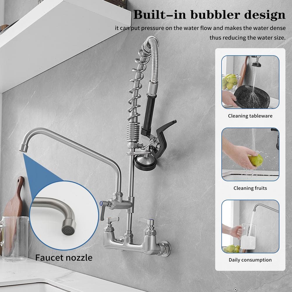 Brushed Nickel 2-Handle Wall Mount Pre-Rinse Kitchen Faucet