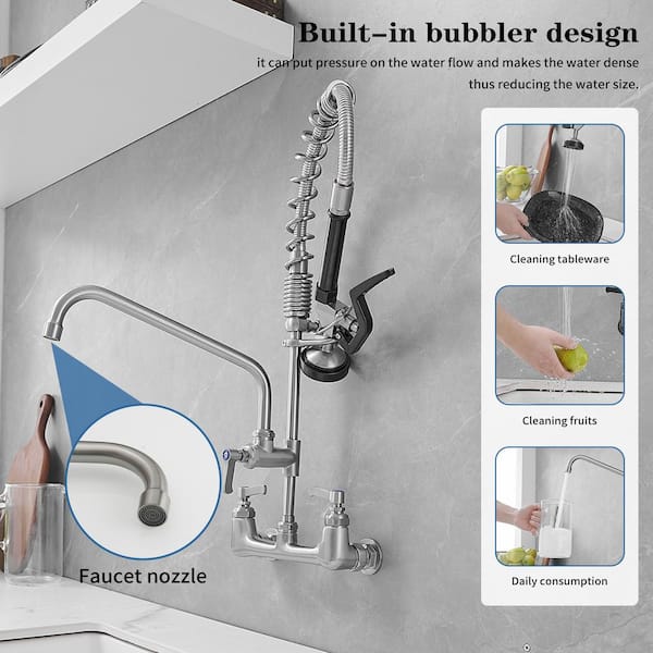 Double Handle Wall Mount Pre-Rinse Sprayer Standard Kitchen Faucet in Brushed Nickel