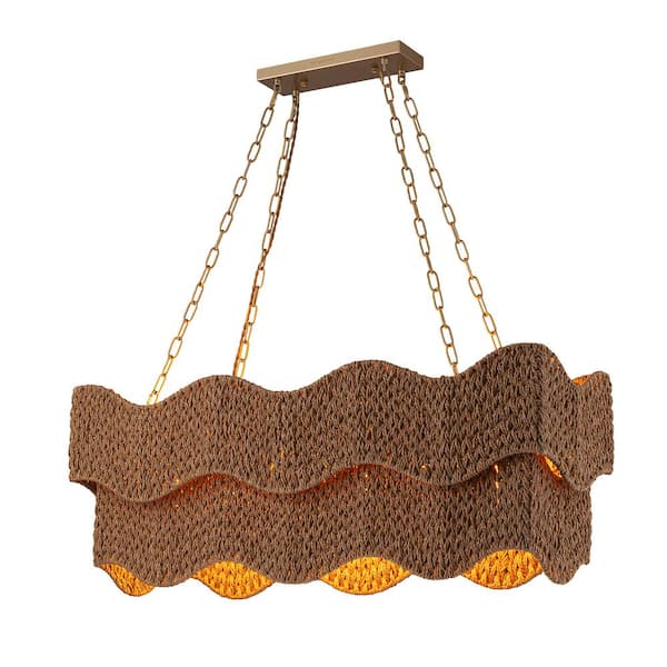 ELE Light & Decor Mira 6-Light Handwoven Linear Large Island Light Boho Chandelier for Dining Room Kitchen Island Living Room in Brass