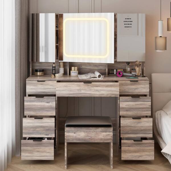 Gray makeup vanity with mirror discount