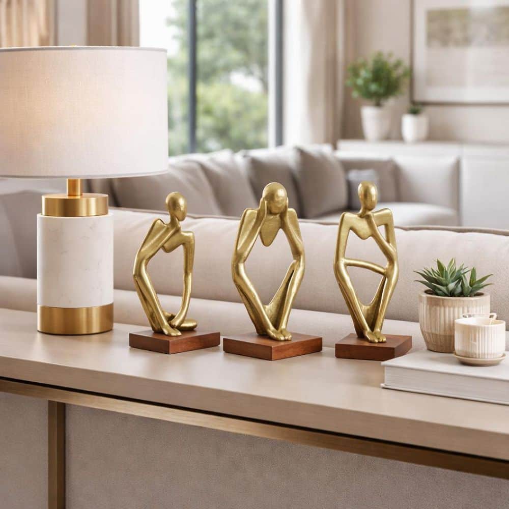 4 in. x 9 in. Gold Metal and Wood Person in Deep Thoughts Figurine (Set of 3)