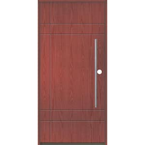 SUMMIT Modern Faux Pivot 36 in. x 80 in. Left-Hand/Inswing Solid Panel Redwood Stain Fiberglass Prehung Front Door