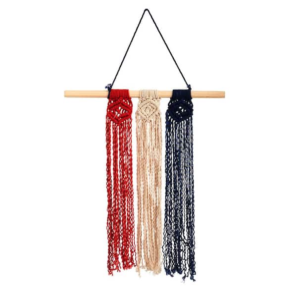 Nearly Natural 14 in. x 24 in. Red White and Blue Americana Macrame Wall Hanging Art Decor