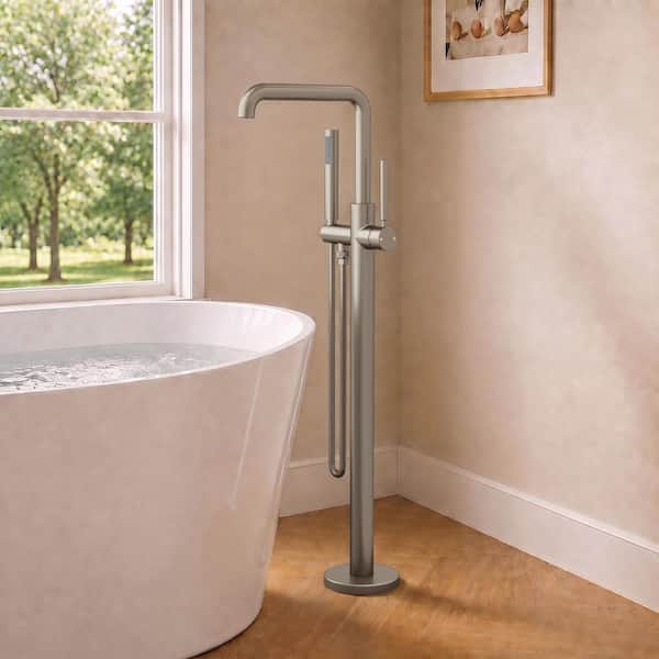 1-Handle 41in. Floor Mount Freestanding Claw Foot Tub Faucet with Hand Shower and 360° Swivel Spout in Brushed Nickel